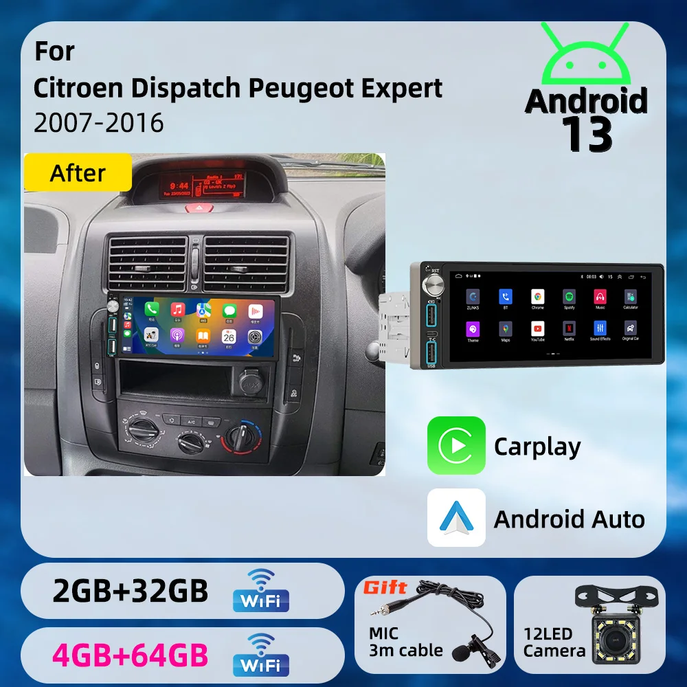 6.86 inch Android 1Din Car Screen Car Multimedia Autoradio Radio Head Unit Stereo for Citroen Dispatch Peugeot Expert 2007-2016