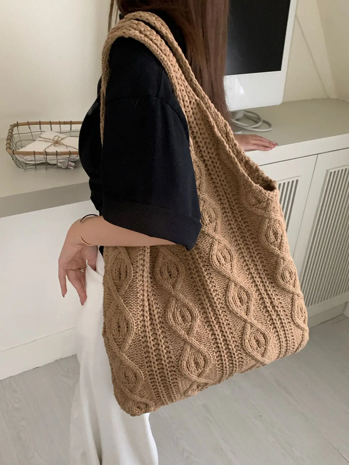 Wolle große Strickt asche Schulter Einkaufstasche für Frauen Vintage Baumwoll tuch Mädchen Einkaufstasche große weibliche Handtasche Häkel tasche