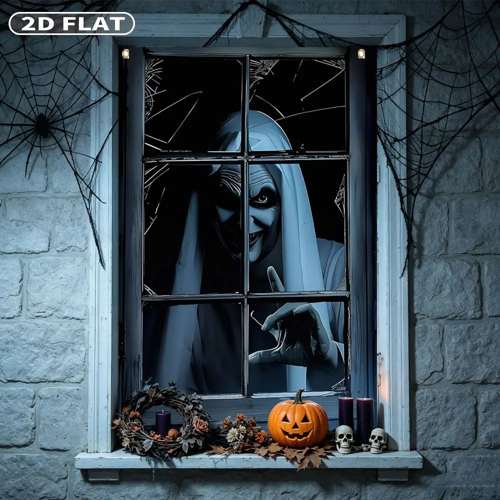 Bannière de fête 2D plate 1 pièce, couverture de fenêtre d'Halloween avec une nonne effrayante regardant à travers une vitre brisée, 122x88cm, polyester.