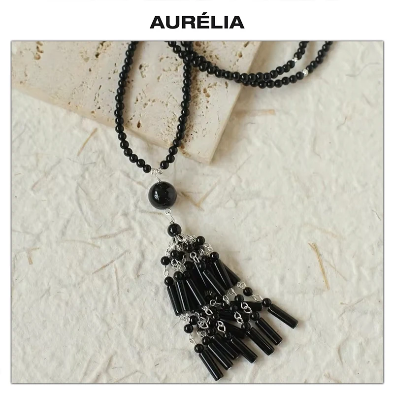 

Europe America Designer Brass Plated Platinum Black Agate Tassel Long Necklace Women Top Quality Jewelry Trend