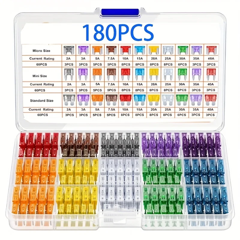 180Pcs Standard Car Fuses Assorted Kit, 60 Mini Blade Car Fuse +60 Standard Fuse Automotive +60 Micro Fuse