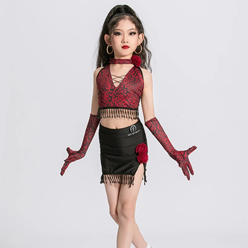 

Red Girls Latin Dance Costume Sleevelss Tassel Top Skirt Split Suit Professional Competition Suit Dancer Stage Show Wear VDL304