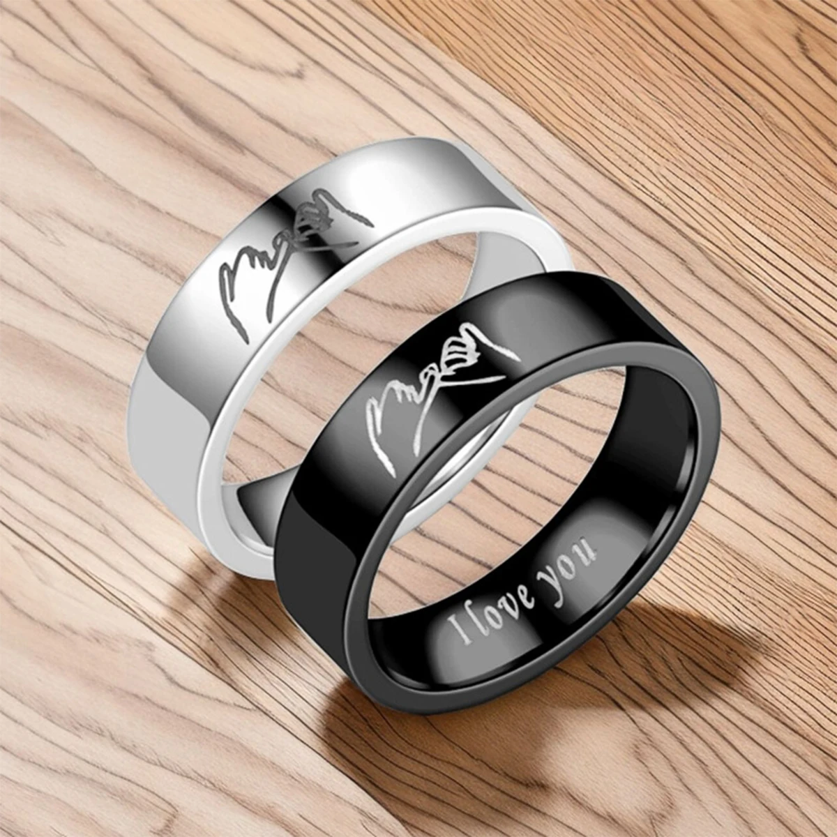 Titanium Steel Couple Rings with "I LOVE YOU" Engraved Inside - Black/White Matching Promise Rings for Couples, Anniversary Jewe