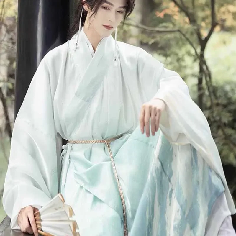 Vestido hanfu de luxo masculino, estilo vintage chinês estampado gradiente verde ming robe masculino fantasia cosplay de ano novo roupa de festa