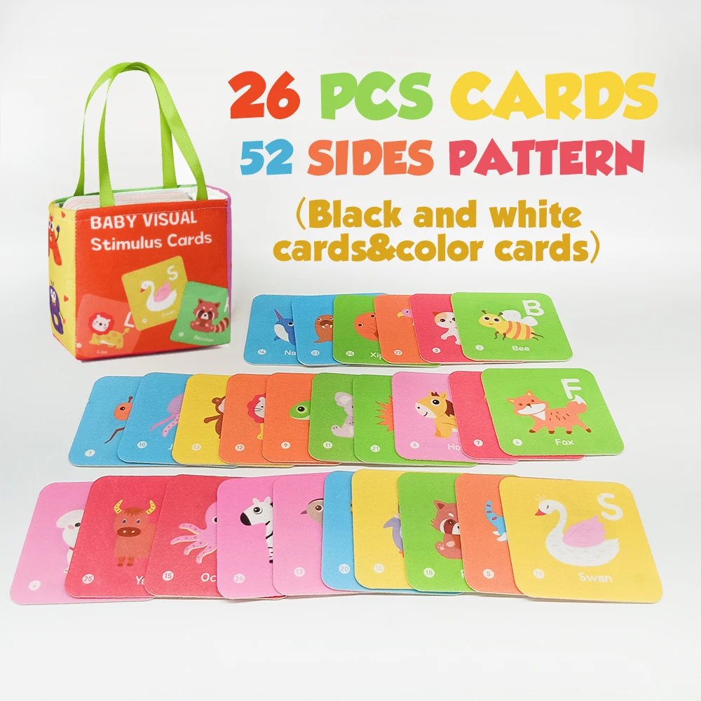 26枚のソフトリバーシブルフラッシュカード、0～18ヶ月の赤ちゃん向け、幼児の視覚刺激、白黒カードとカラフルカード、収納付き