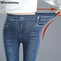 Fałszywa kieszeń nadruk legginsy z imitacji dżinsów kobiet chude spodnie ołówkowe z wysokim stanem Sexy Slim Pantalones spodnie ze stretchem do podnoszenia bioder