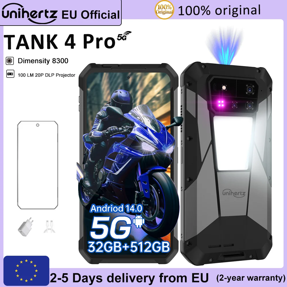 Unihertz 8849 Tank 4 Pro projecteur robuste Smartphone 36G + 1 to 5G Al Dimensity 8300 3K 6.73 "AMOLED Android 14 11600 mAh batterie