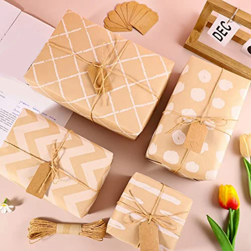 4 Roll Wrapping Paper, Paper Wedding 43 X 300 Cm/Roll Wrapping Paper Set With 2 Adhesive Tapes 3 Ropes 20 Kraft Paper Tags