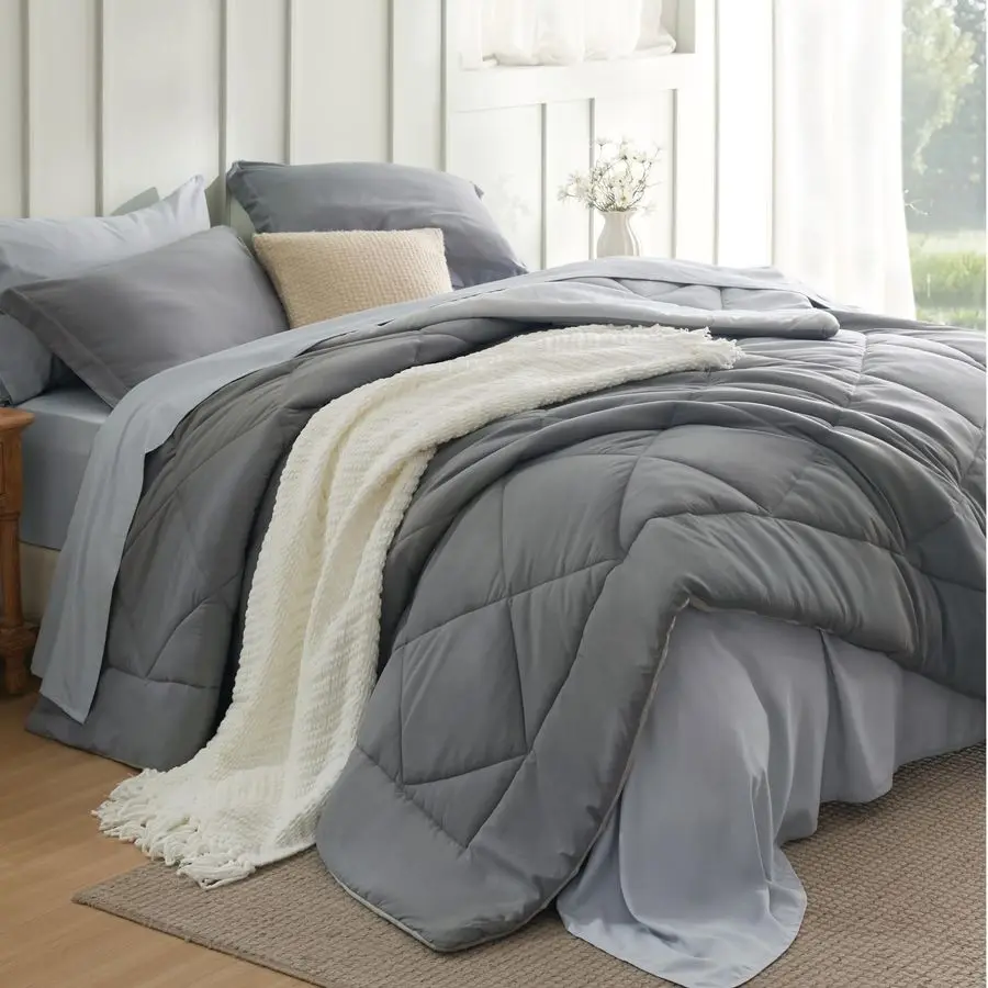 

Full Size Comforter Set 7 Pieces Reversible Grey Bedding, Full Size Bed Set for All Seasons, Bed in a Bag with Down Alternative