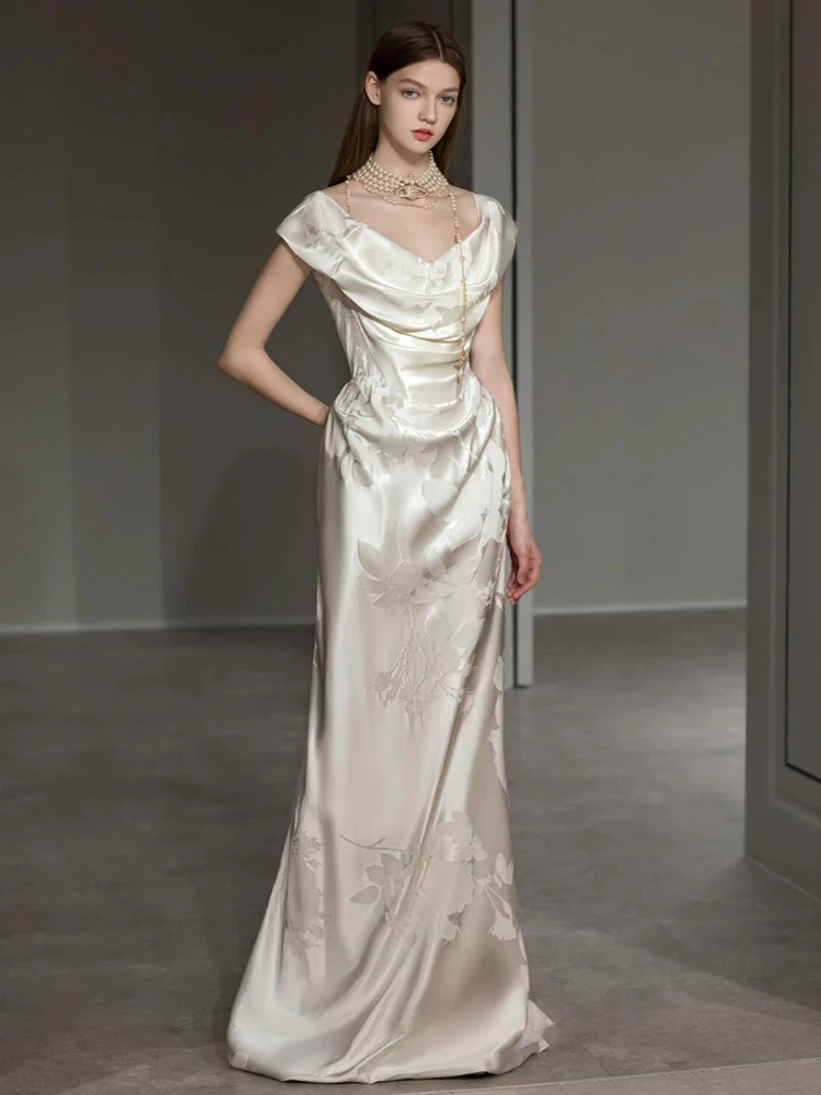 

Элегантное атласное свадебное платье: дизайнерская новинка, вечернее платье для церемоний, простое, с молнией, на средней талии, длинная юбка