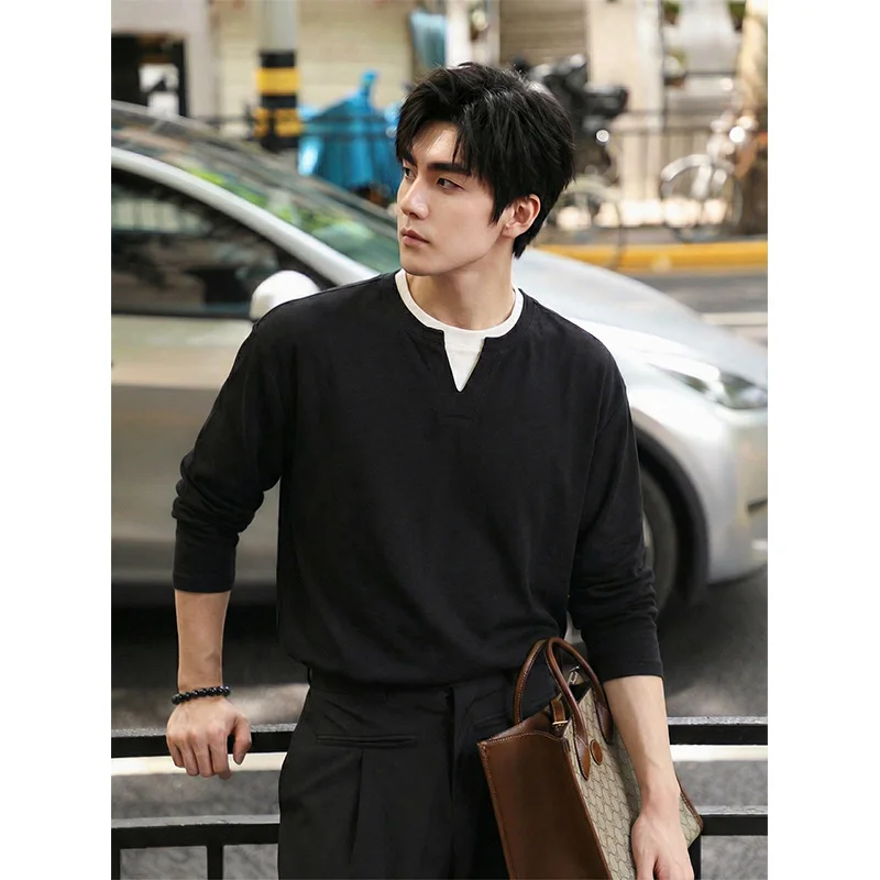 Men's V-Neck Layer-Look Sweatshirt | Casual Long Sleeve Top Student Daily Casual Breathable O-neck Long Sleeve T-shirt