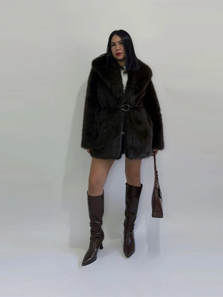 Fashion Warm Thick Faux Fur Women Coat Vintage Luxury Lapel Long Sleeves Belt Pockets Solid Overcoat Autumn Winter New Jacket