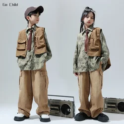 Jongens Streetdance Vintage Shirt Vest Jeans Meisjes Hiphop Blouse Cargo Broek Kinderen Militaire Kleding Sets Kids Jazz Streetwear