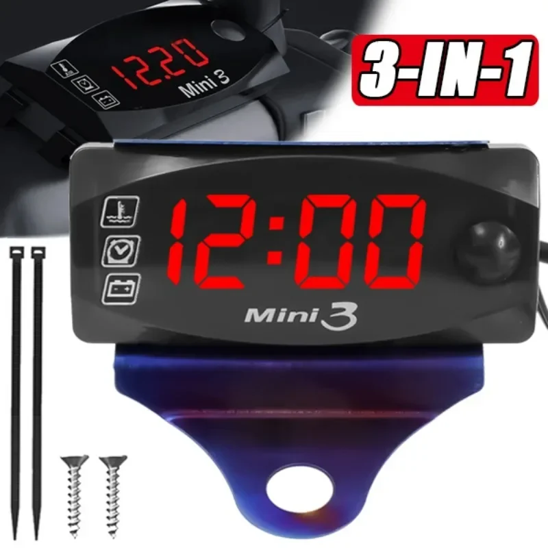 3 in 1 Motorcycle Voltmeter Electronic Clock LED IP67 Waterproof Dustproof Thermometer Digital Display Electronic Watch