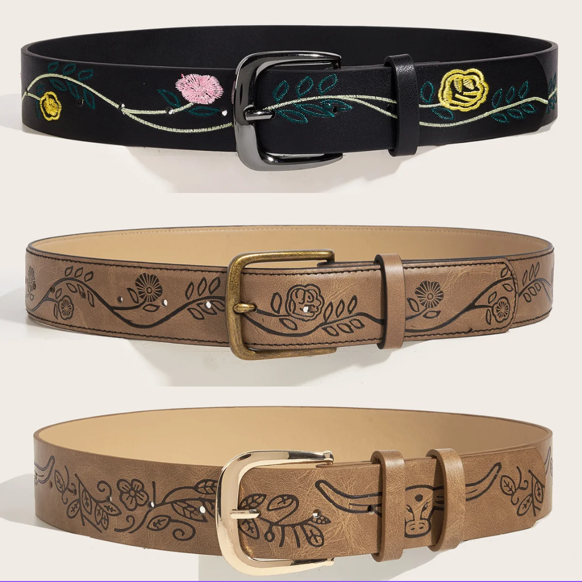 ROMWE Fairycore Floral Embroidered Geometric Buckle Belt