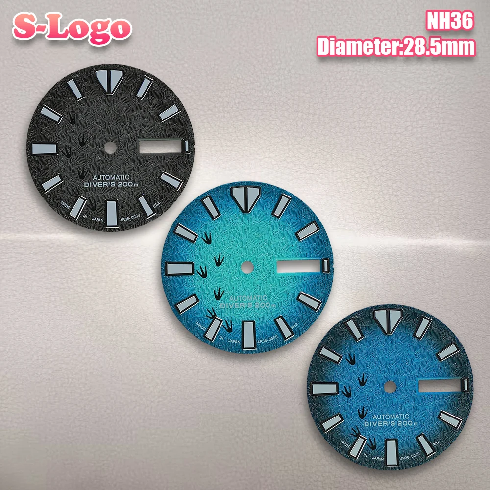 

28.5mm S Logo NH36 Dial Fit NH36/4R36 Movement Green Luminous texture pattern 3D Footprint Dial Watch Modification Accessories