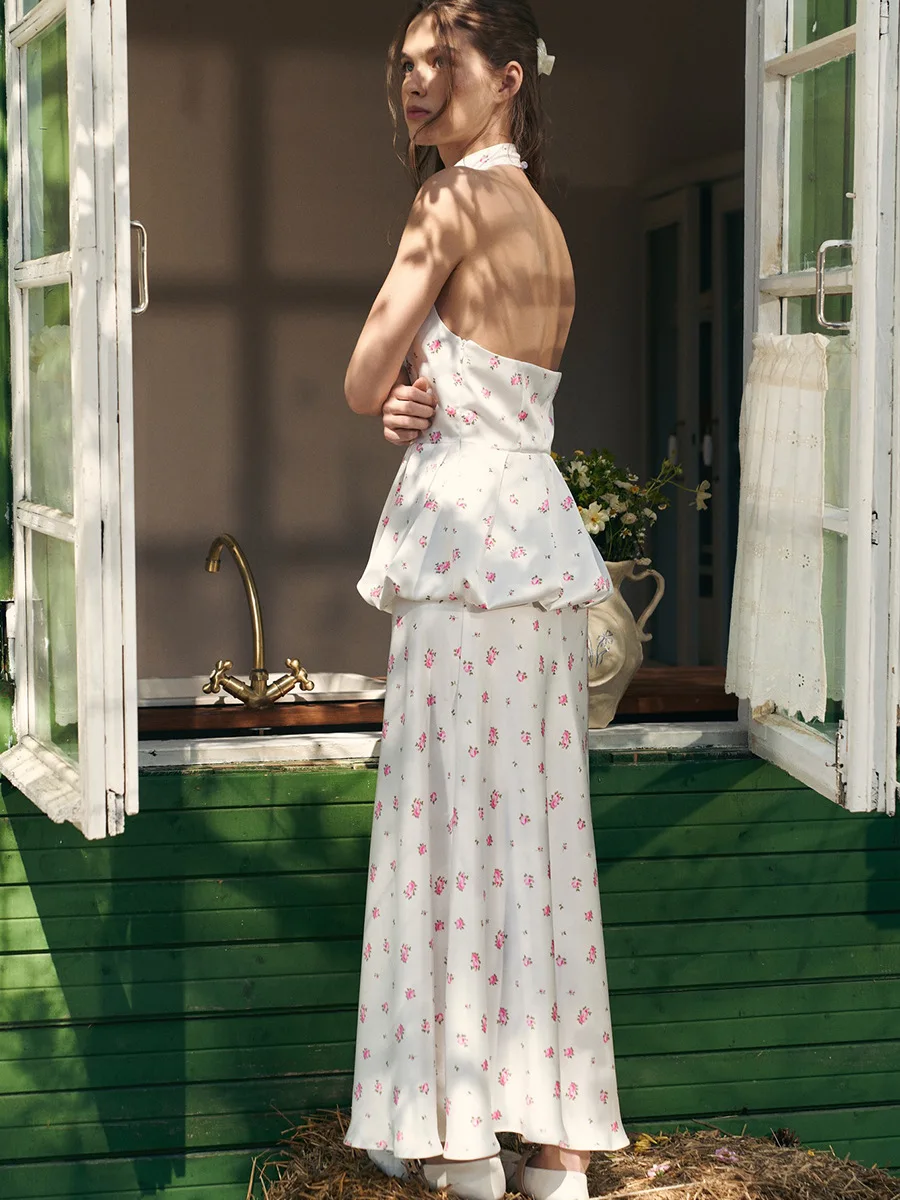 우아한 버블 밑단 베스트 새틴 스커트 세트 백리스 슬리브리스 탑 패셔너블 플로럴 프린트 롱 스커트 슈트 여성 2피스 의상