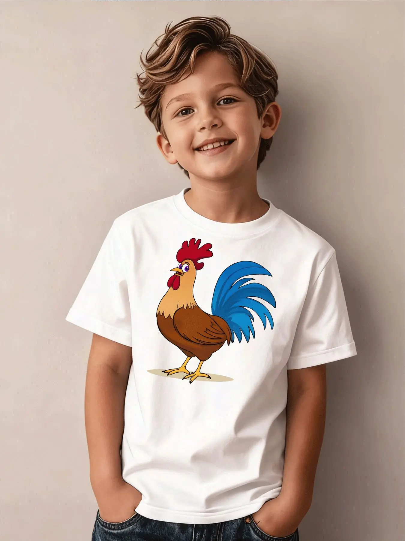 Rooster Pattern, Summer Candy Color, Children's Printed T-shirt, Fashionable Parent-child Outfit, Girls' Short Sleeved Shirt