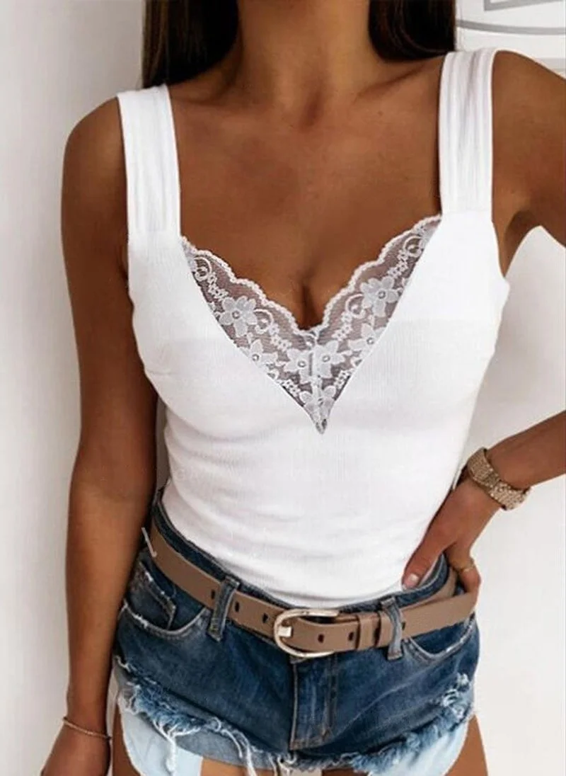 Frauen Sommer Mode V-ausschnitt Tank Casual Einfarbig Spitze Ärmellose Sexy Shirts Schlank Tops – Detail 3