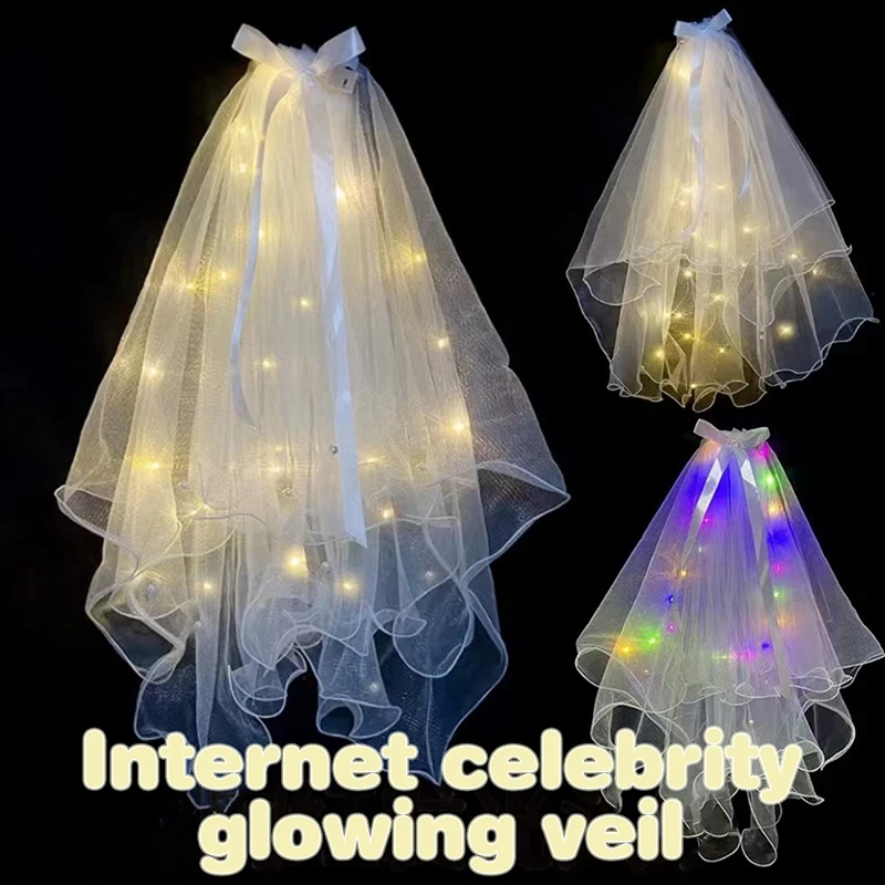 1pcs Glow Wedding Veil LED Light Bowknot Pearl Veil Glow In The Dark Party Favor Wedding Birthday Party Cosplay Hair Accessories