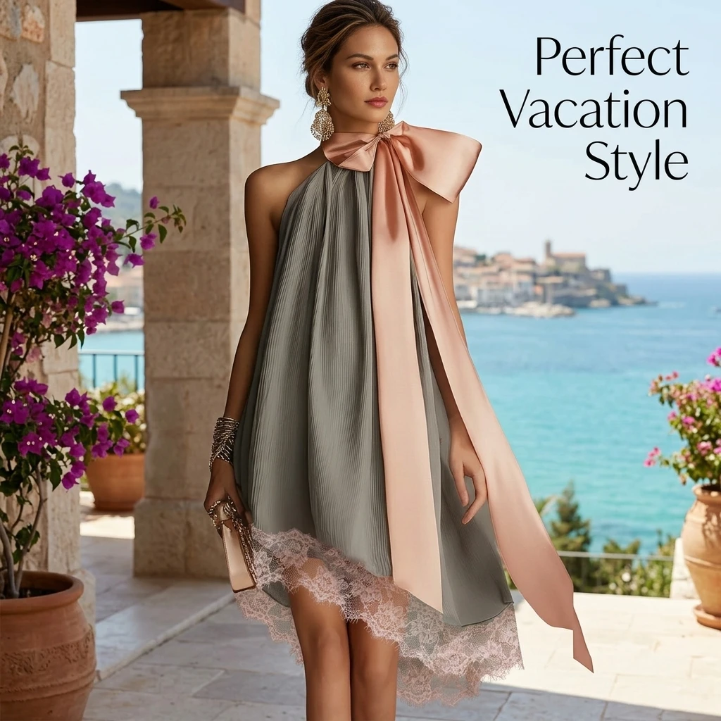 Halter Dress Women Elegant Pleated Midi Dress with Lace Hem and Oversized Bow Detail