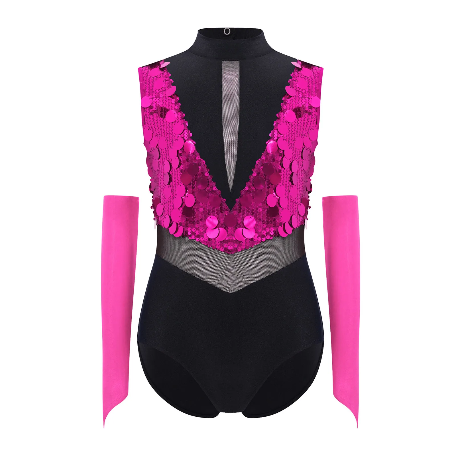 2Pcs Girls Shiny Sequins Jazz Latin Dance Leotard Gymnastics Performance Outfit Sleeveless Cutout Color Block Bodysuit+Gloves