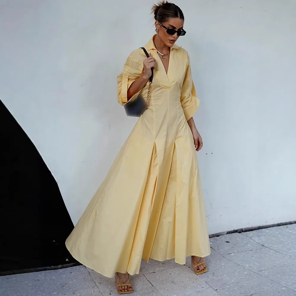 

2025 New Fashion Butter Yellow Women Long Dress Chic V Neck Half Sleeve High Waist Pleated Vestidos High Street Commute Robes