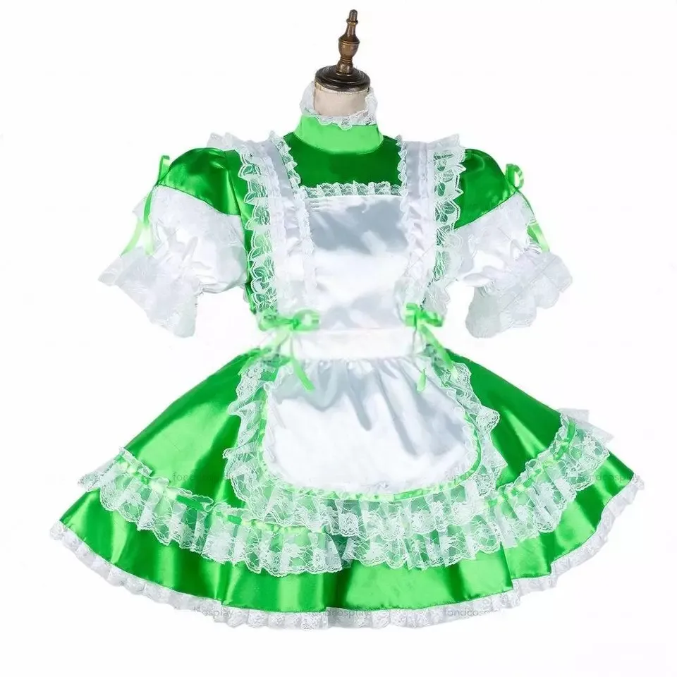 Sexy sissy French maid green satin lockable lace ruffle dress maid cosplay costume customizable