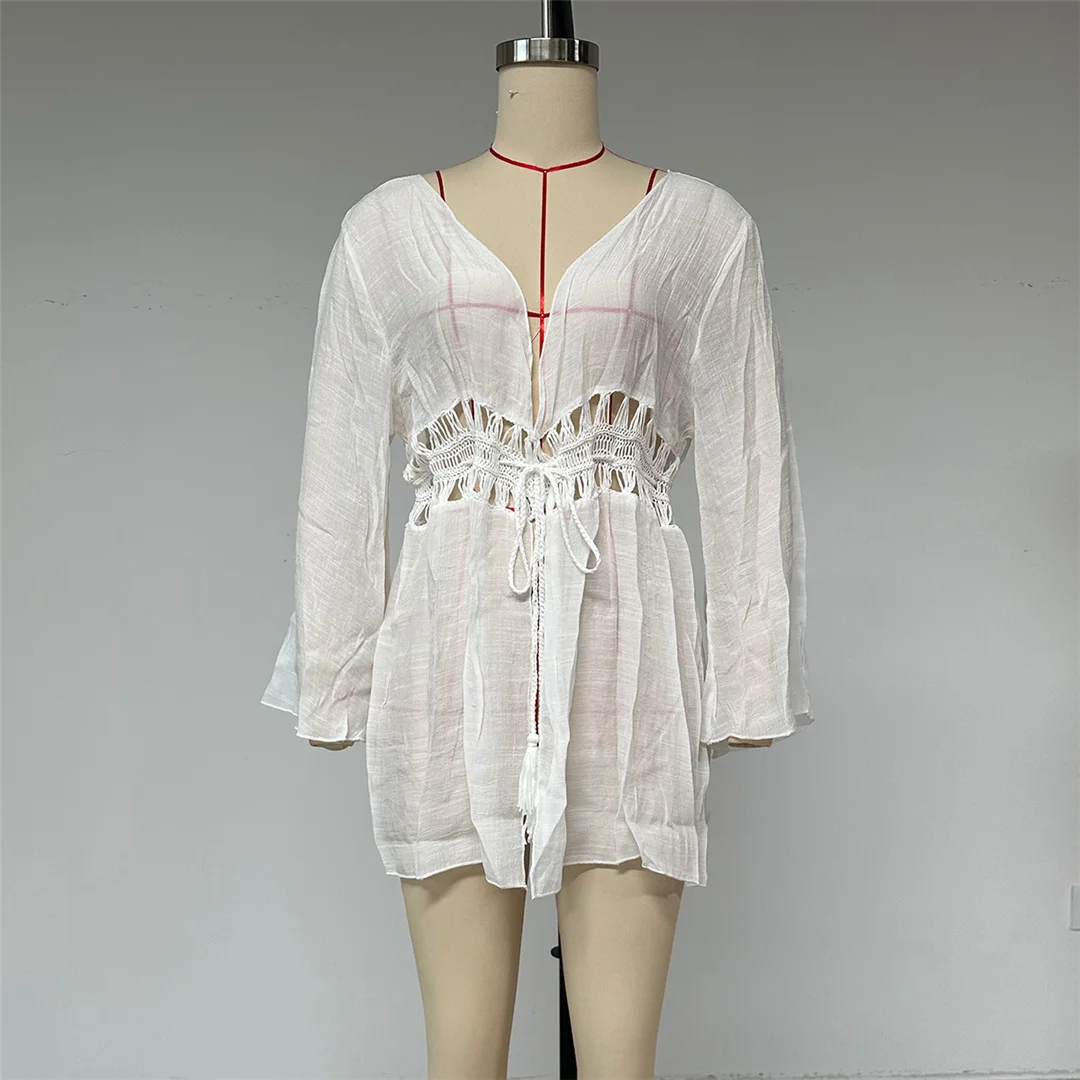 Langärmliges, V-Ausschnitt-Tunika mit Aushöhlungen, gehäkelt, Strickstoff, Strandkleid, Strandmode, Damen, V8544 – Detail 8