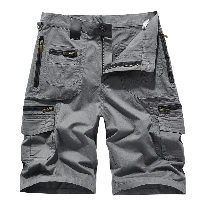 

2026Men's Casual Shorts Summer Multi Pocket Workwear Shorts Male 100% Cotton Solid Breathable Fishing Cargo Knee Length Trousers