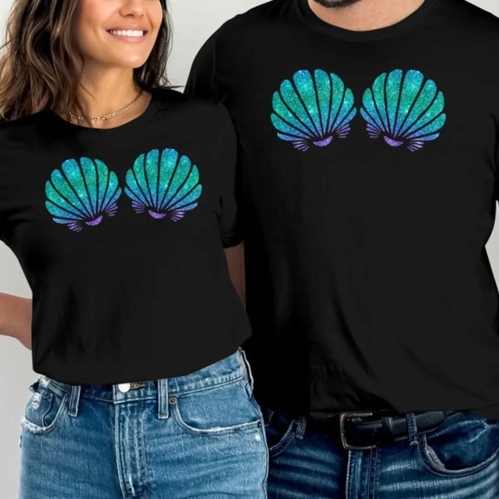 Mermaid Sea Shell Bra Couple T-shirt Sea Shell Bra Funny Mermaid Sea Shell Cotton Shirt Unisex Euro Size XS-3XL