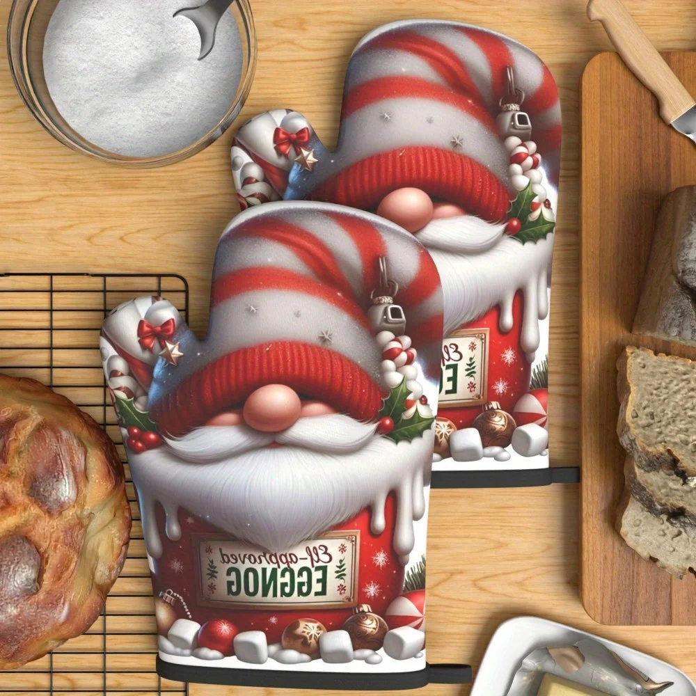 2pcs Festive Gnome Christmas Oven Mitts Heat Resistant Kitchen Gloves, Red with White Beard Hat Design for Grilling Cooking