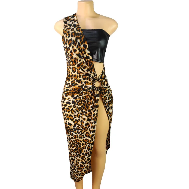 Nieuwe Onregelmatige Een Schouder Luipaard Lange Jurk Vrouwen Party Club Mode Luipaard Sexy Uitsparing Backless Maxi Jurken Zwart Wit