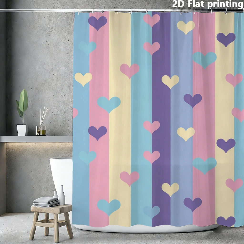

Pastel Stripe Shower Curtain 1pc Polyester 2D Flat Print 70.8x70.8 Inch Playful Heart Motifs Bathroom Decor