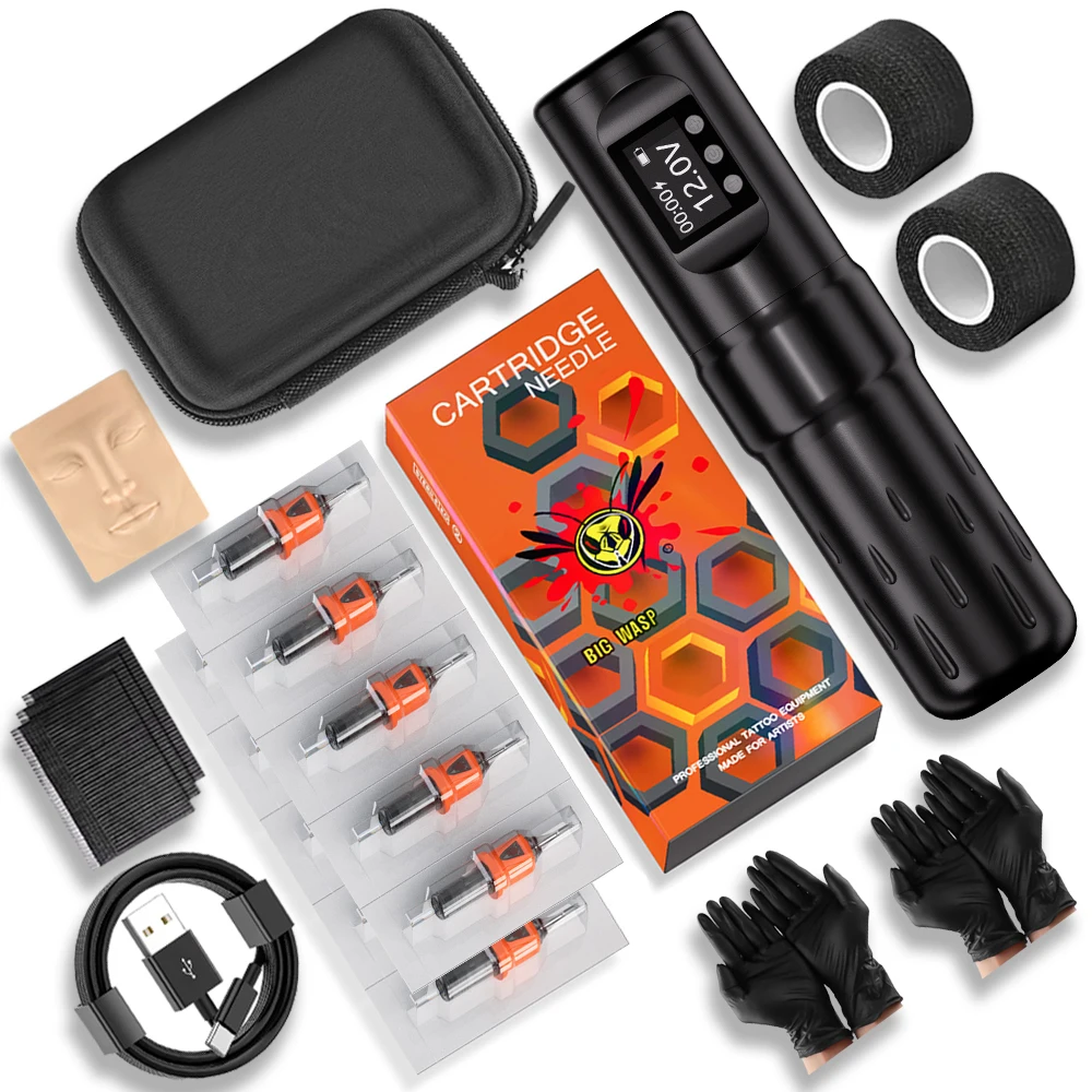 

New BIGWASP Tattoo Machine Kit 1800mAh Battery Rotary Tattoo Machine with 10Pcs/Box Tattoo Cartridge Needles for Beginner Supply