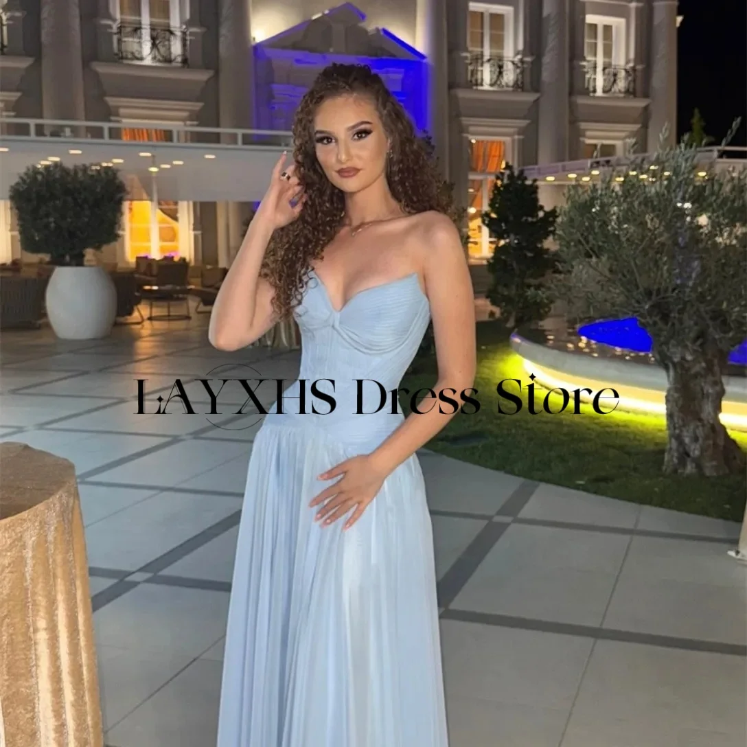 LAYXHS Simple Sweetheart ชุดราตรีสีฟ้า A-Line ความยาวผู้หญิงชุดราตรีที่กําหนดเอง فستانة