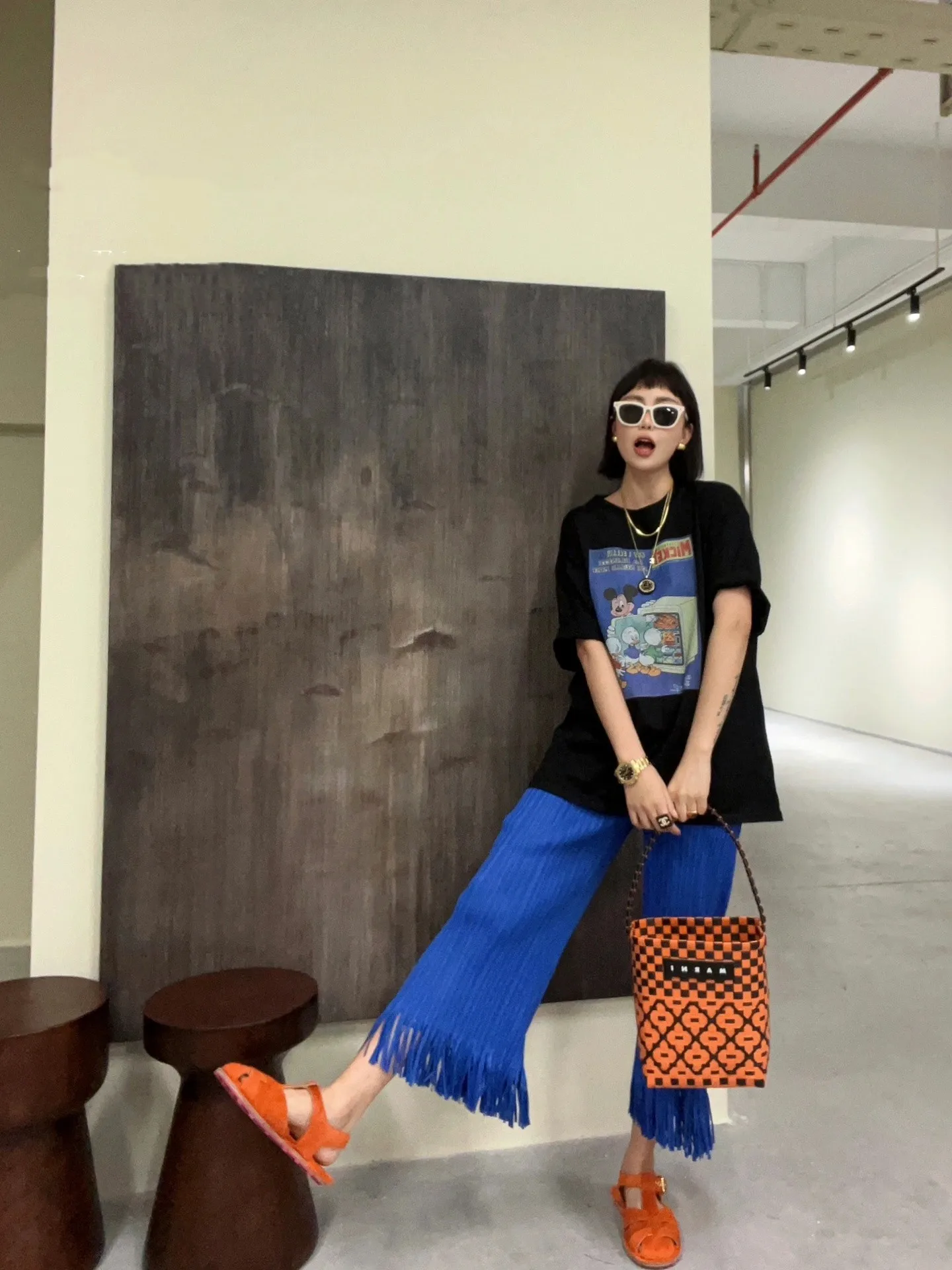 Women's Accordion Pleated Pants High Waist Nine Points Slimming Wide Leg Tassel Detail Casual Trousers Vintage Style