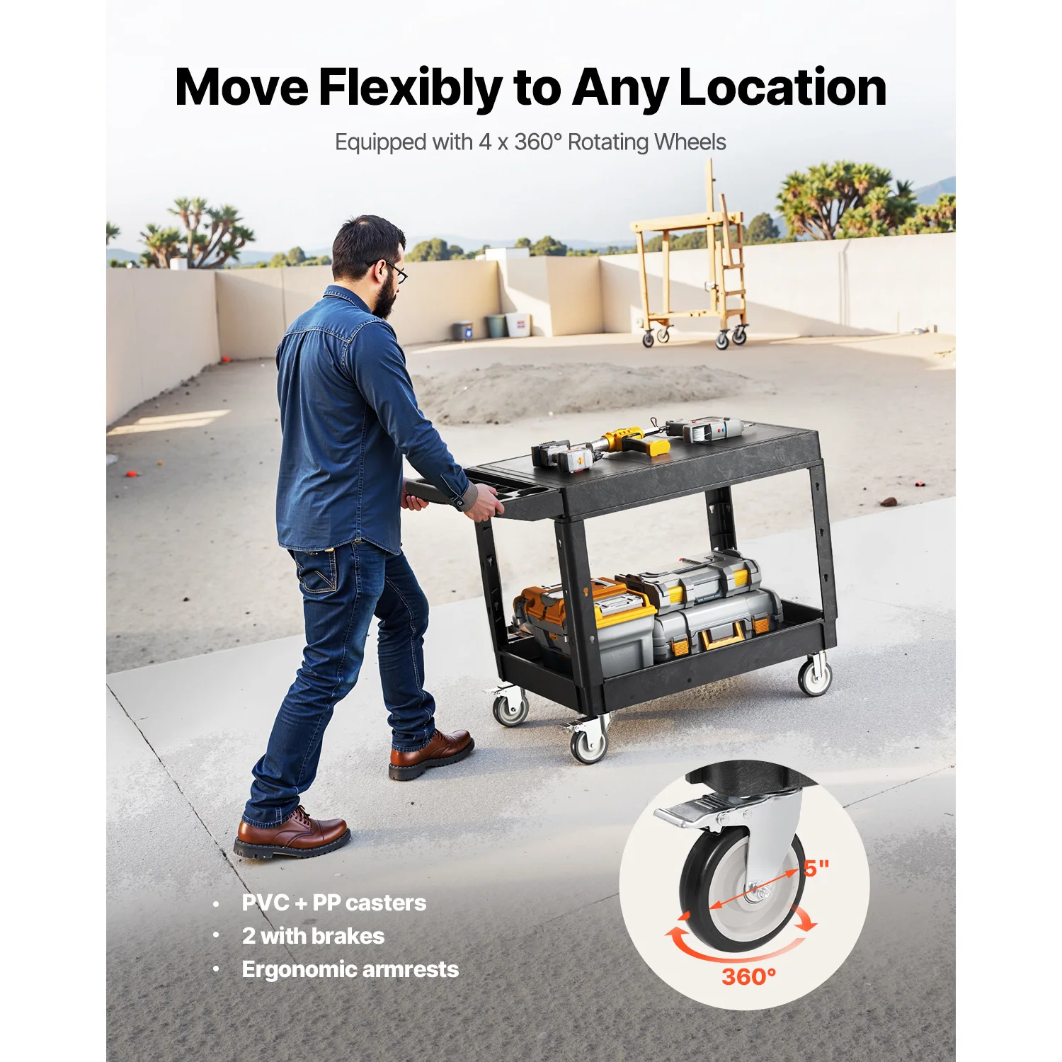 عربة خدمة المرافق SucceBuy بوزن 550 رطل، عربة دوللي يدوية بلاستيكية ذات رفين مع 360 درجة °   عجلات دوارة لتنظيف جراج المستودعات