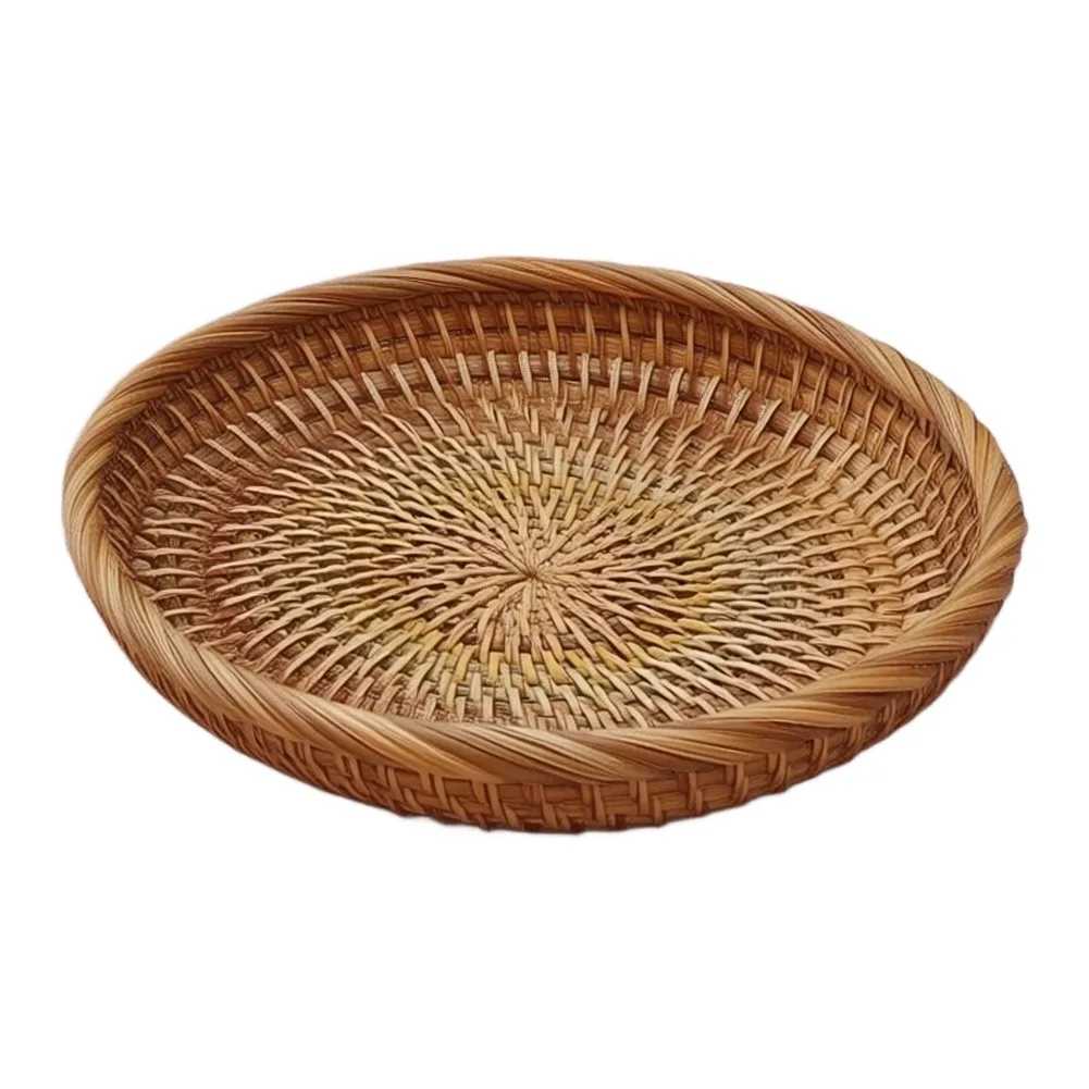 Natural Rattan Fruit Basket Round Shallow Tray for Home Decor Coffee Table Dining Table and Snack Organization