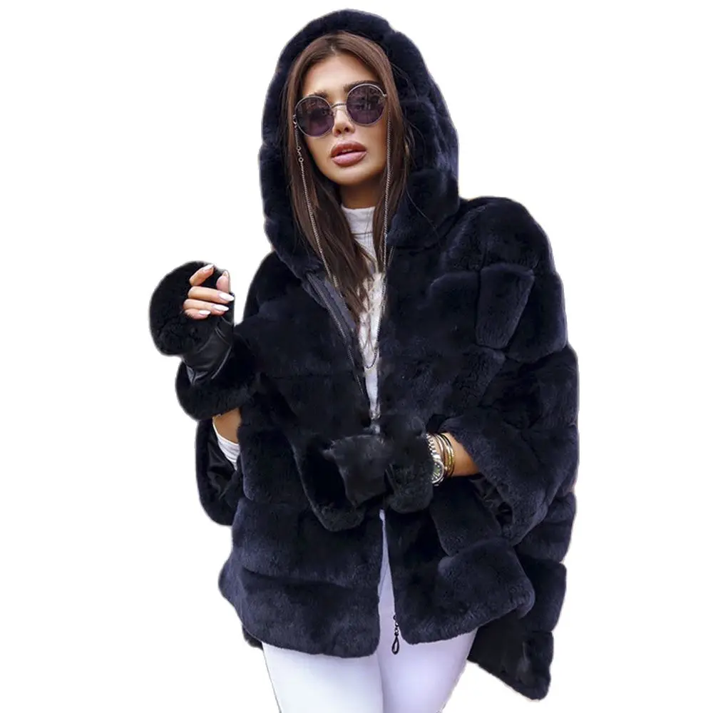 

2023 Real Rex Rabbit Fur Coat with Hood Women Winter Jacket Batwing Sleeve Half Sleeve Zipper Casual Loose Outerwear