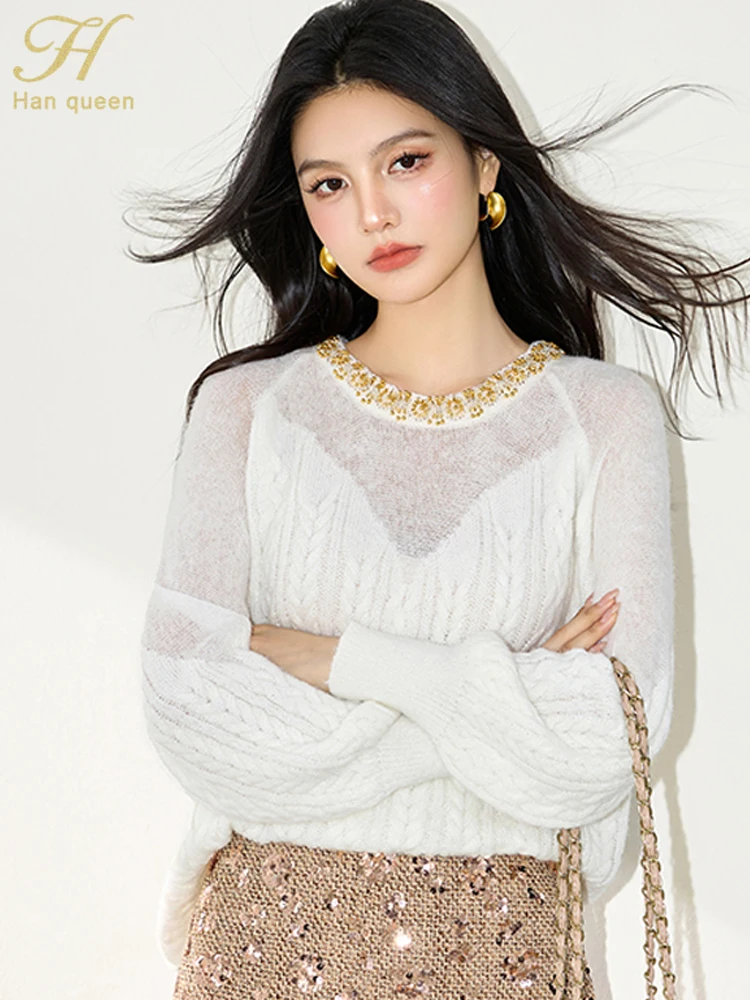 

H Han Queen Simple Elegant Diamond Studded Lazy Lantern Sleeves Pullovers Sweaters Women Korean Loose Casual Knitwear Office Top