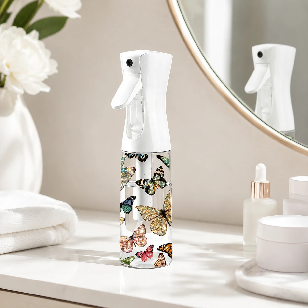 200ml Fine Mist Spray Bottle Butterfly Print Portable Spray Bottle Refillable Continuous Mister for Hair Face Travel Beauty