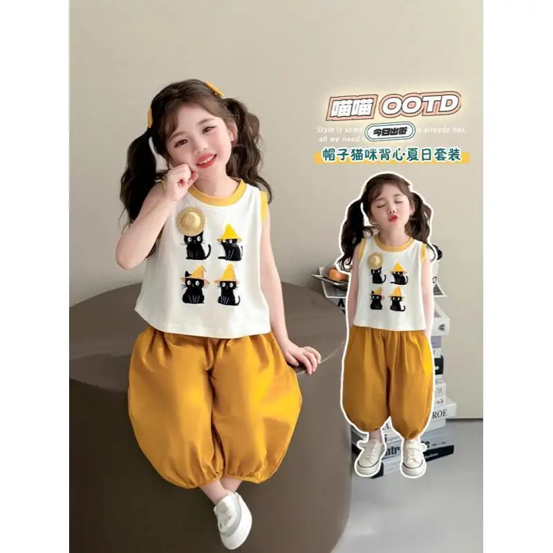 Children's Summer Thin Pants Set 2026 Summer New Style Girls' Stylish Small Fresh Cartoon Vest Two-Piece Set