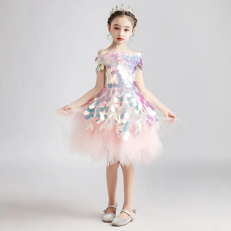 Flower Girl Dress Children Wedding Dresses Off Shoulder Kids Sequin Tulle Princess Gowns Girl Boutique Party Communion Frocks