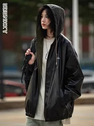 American Retro Leather Jackets Women Hooded Spring Motorcycle Pu Loose Casual High Street Jacket Men Double Zipper Black Outwear