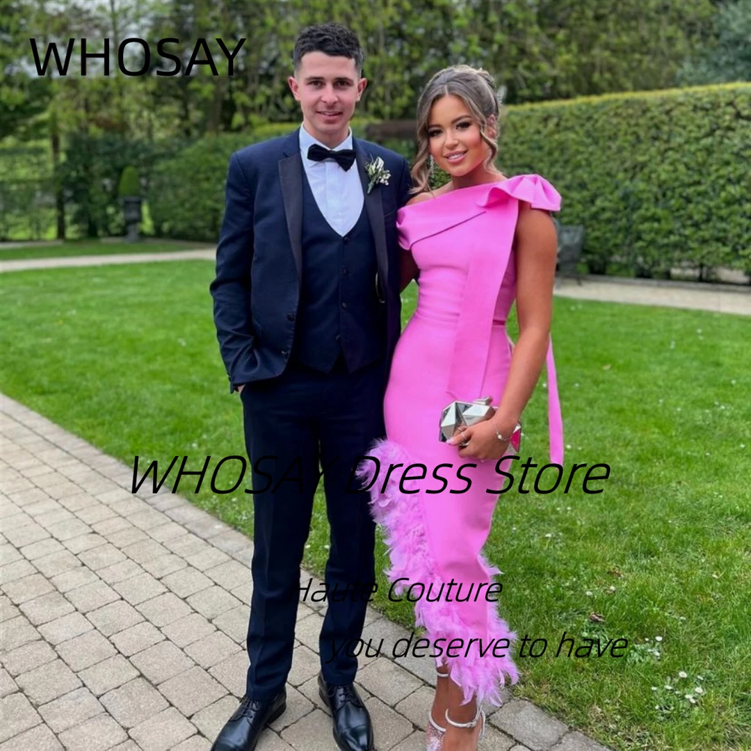 WHOSAY Saudi Arabia Prom Dresses with Feathers Side Slit Cocktail Dress Bow Off Shoulder Evening Party Holiday Gowns