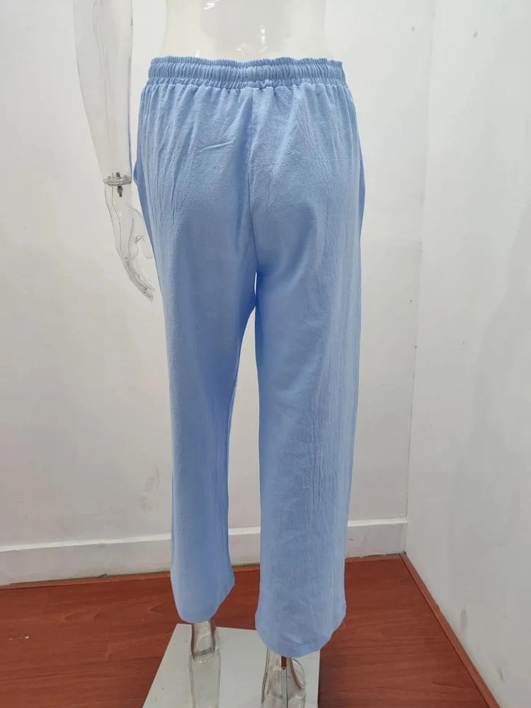 Damenhosen aus 100% Baumwolle für Sommer und Herbst, einfarbige, hochtaillierte, gerade geschnittene Hosen, lockere, atmungsaktive Freizeithosen aus Hanf für Damen, Sport-Hosen. – Detail 15