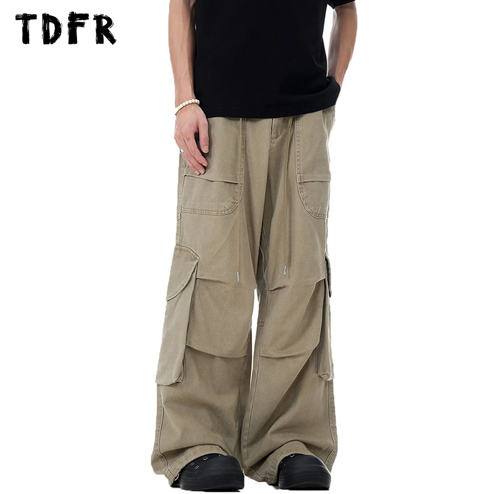 Multi-Pocket Solid Color Cargo Pants Mens Spliced Retro Safari Style Loose Straight Wide Leg Joggers Pants Men Trousers