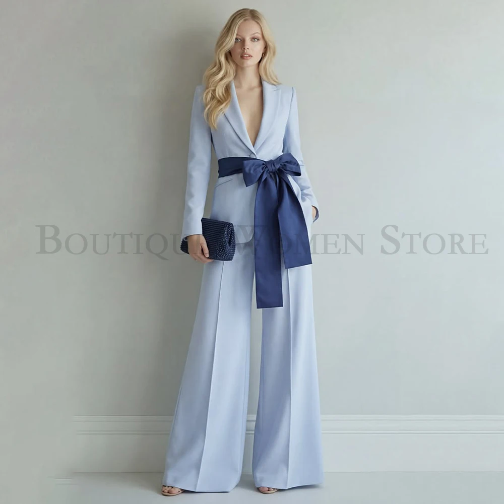 

Luxury Belted Bow Women's Suits High Quality Slim Fit Evening 2 Piece Jacket Pants Customized Wide Leg Trousers Stylish Blazer