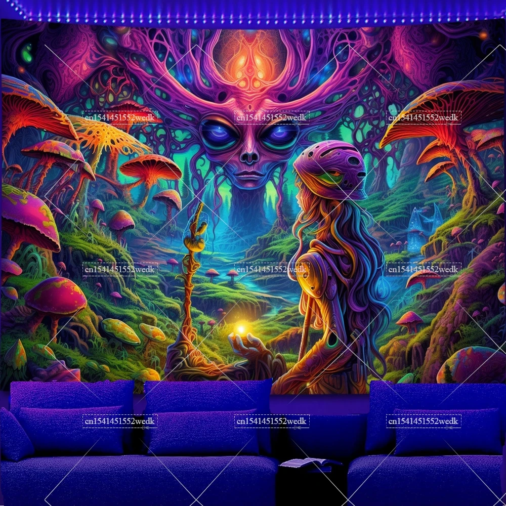 Psy Fairy Elf Blacklight Tapestry UV Reactivel Mushroom Forest Glowing Tapestries Landscape Black Light Tapestrys Neon Posters